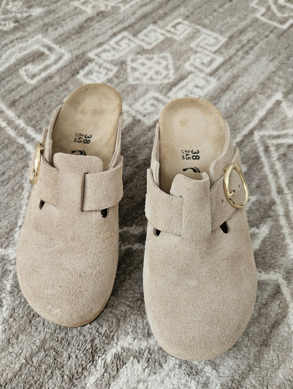 Papillo By Birkenstock Tan Suede Wedge Clogs with Gold Buckle